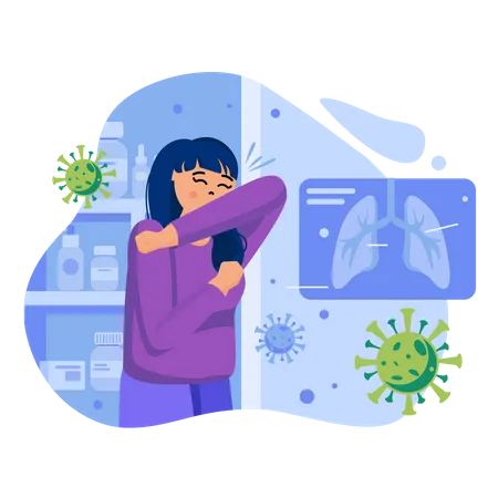 Coronavirus Concept Woman Is Ill With Covid 19 Coughs In Her Elbow Infectious Patient With Symptoms Of Viral Disease Template Of People Scenes Vector Illustration With Characters In Flat Design Illustration