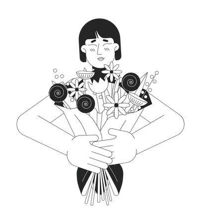 Affectionate Mother Bouquet Black And White 2 D Line Cartoon Character Hugging Flowers Asian Woman Isolated Vector Outline Person Romantic Surprise Birthday Monochromatic Flat Spot Illustration Illustration
