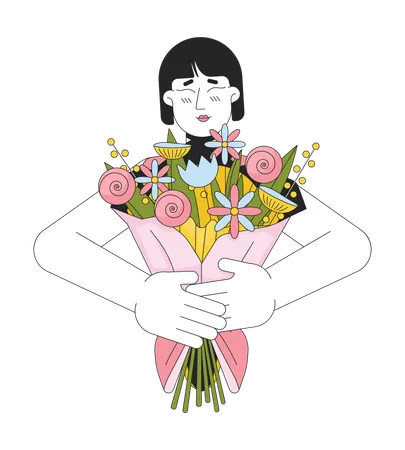 Affectionate Mother Bouquet 2 D Linear Cartoon Character Hugging Flowers Asian Woman Isolated Line Vector Person White Background Romantic Surprise Birthday 8 March Color Flat Spot Illustration Illustration