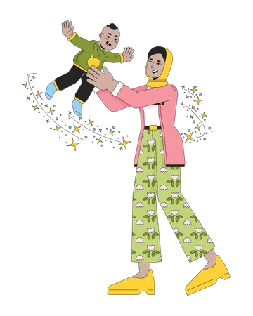 Affectionate Mother Throwing Infant In Air 2 D Linear Cartoon Characters Muslim Hijab Mom Playing With Kid Isolated Line Vector People White Background Smiling Parent Color Flat Spot Illustration Illustration