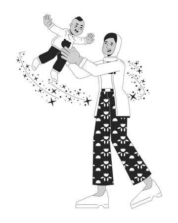 Affectionate Mother Throwing Infant In Air Black And White 2 D Line Cartoon Characters Hijab Mom Playing With Kid Isolated Vector Outline People Smiling Parent Monochromatic Flat Spot Illustration Illustration