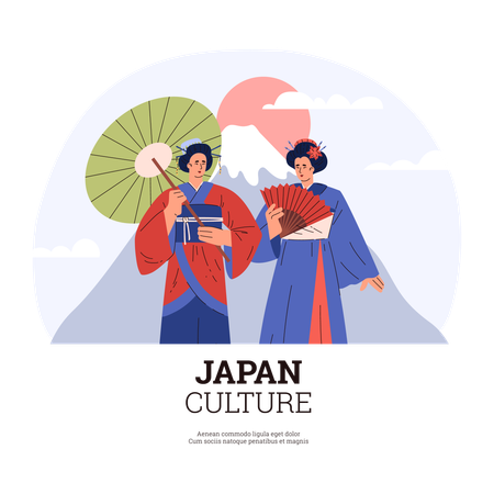 Affiche représentant des femmes en kimono japonais avec des accessoires traditionnels  Illustration