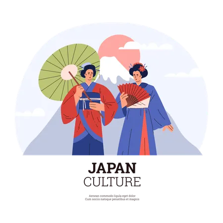 Affiche représentant des femmes en kimono japonais avec des accessoires traditionnels  Illustration