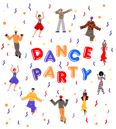 Affiche de soirée dansante avec des personnages de dessins animés dansant parmi des confettis  Illustration