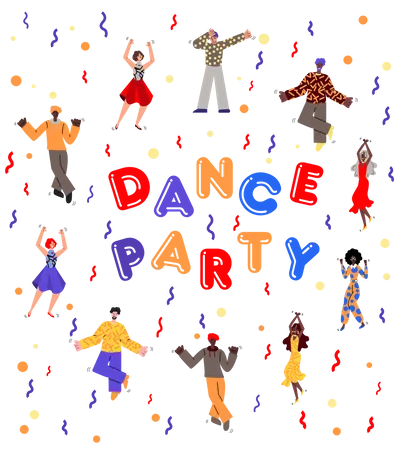 Affiche de soirée dansante avec des personnages de dessins animés dansant parmi des confettis  Illustration