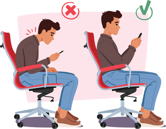 Afficher la pose correcte et incorrecte en étant assis sur une chaise et en utilisant un mobile  Illustration