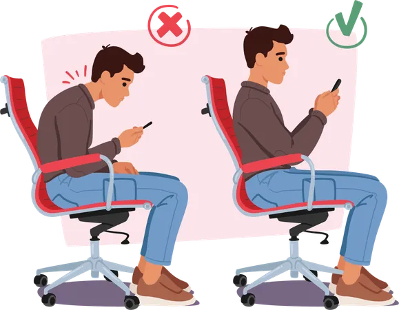 Afficher la pose correcte et incorrecte en étant assis sur une chaise et en utilisant un mobile  Illustration