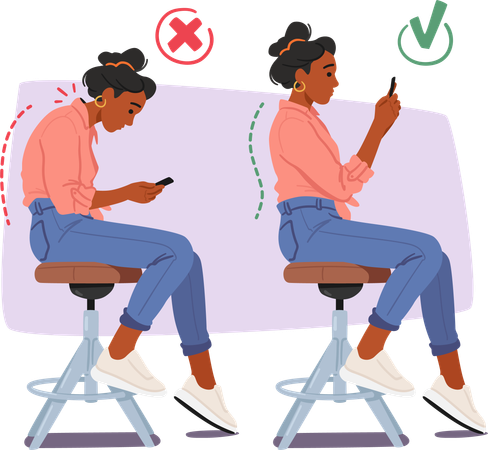 Afficher la pose correcte et incorrecte en étant assis sur une chaise et en utilisant un mobile  Illustration