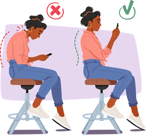 Afficher la pose correcte et incorrecte en étant assis sur une chaise et en utilisant un mobile  Illustration