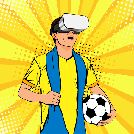 Aficionado al fútbol con gafas de realidad virtual con la boca abierta y la pelota  Ilustración