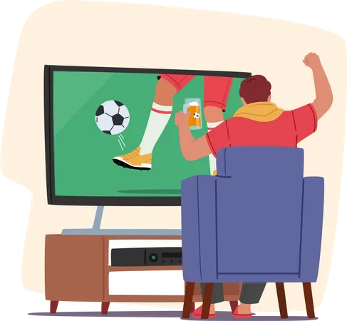 Aficionado al fútbol viendo el partido en casa por televisión  Ilustración