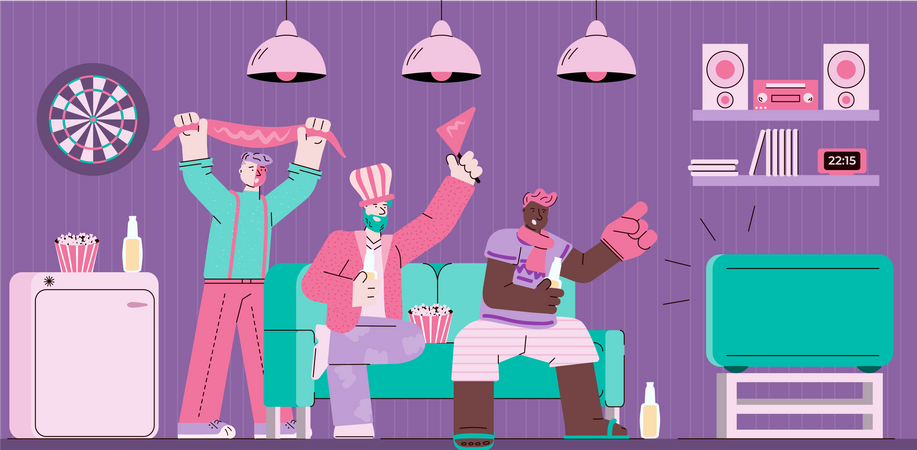 Aficionados al deporte viendo la televisión en el sofá  Ilustración