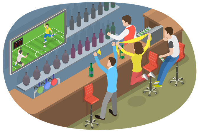 Aficionados al fútbol en un pub  Ilustración