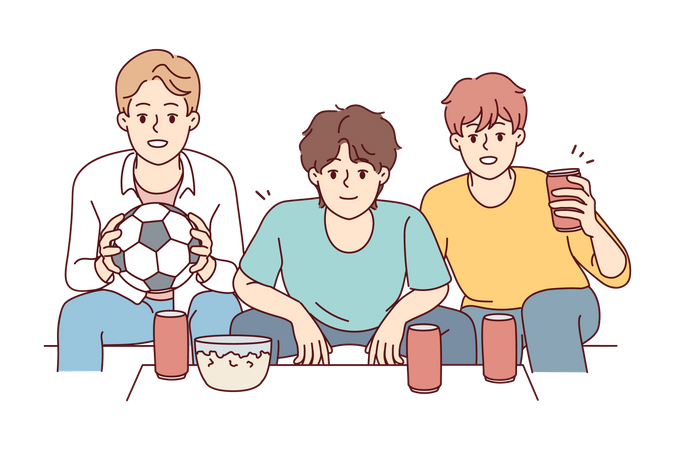 Aficionados al fútbol viendo un partido de fútbol.  Ilustración