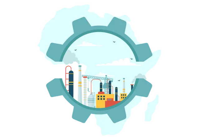 Africa Industrialization Day Vector Illustration Of Factory Building Operating With Chimneys In The Center Of The City In Flat Cartoon Background Illustration