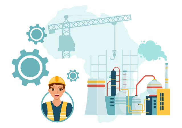Africa Industrialization Day Vector Illustration Of Factory Building Operating With Chimneys In The Center Of The City In Flat Cartoon Background Illustration