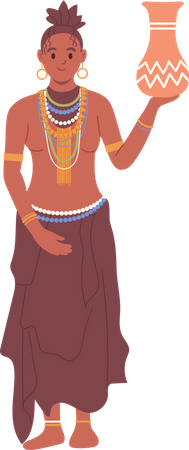 African aboriginal woman in traditional clothes holding native clay jug Illustration