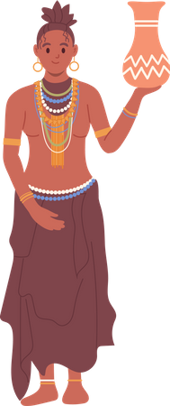 African aboriginal woman in traditional clothes holding native clay jug  Illustration