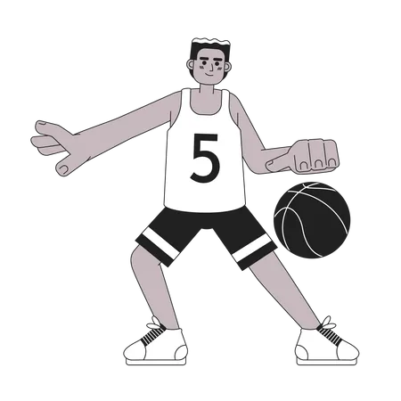 African American Basketball Player Monochromatic Flat Vector Character Man Shooting Basketball Ball Editable Thin Line Full Body Person On White Simple Bw Cartoon Spot Image For Web Graphic Design Illustration