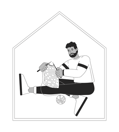 African american bearded man knitting at home  Illustration