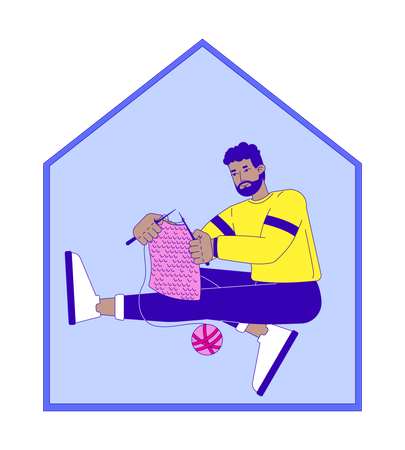 African american bearded man knitting at home  Illustration