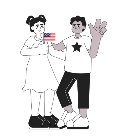 July 4 Kids Monochrome Vector Spot Illustration Latina Girl And African American Boy Celebrating America Independence Day 2 D Flat Bw Cartoon Characters For Web UI Design Isolated Editable Hero Image Illustration