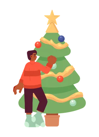 African American Boy Decorating Xmas Tree 2 D Cartoon Character Black Male Teen Holding Bauble Isolated Vector Person White Background Hanging Christmas Decoration Color Flat Spot Illustration Illustration