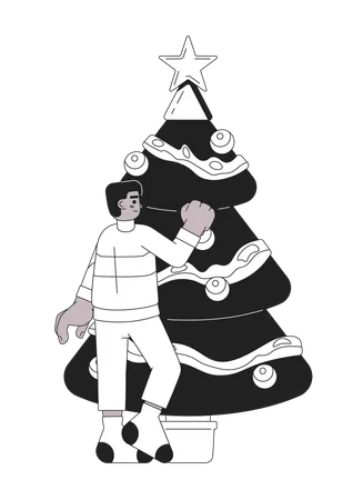 African American Boy Decorating Xmas Tree Black And White 2 D Cartoon Character Black Male Teen Holding Bauble Isolated Vector Outline Person Hanging Christmas Monochromatic Flat Spot Illustration Illustration