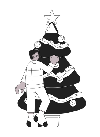 African american boy decorating Xmas tree  Illustration