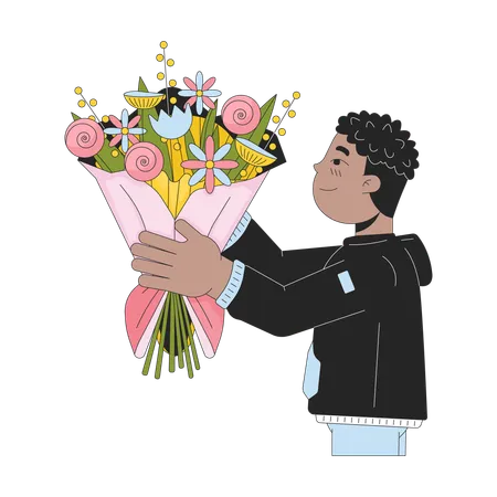 African American Boy Giving Bouquet 2 D Linear Cartoon Character Black Male Child Isolated Line Vector Person White Background Floral Arrangement Childhood Cute Color Flat Spot Illustration Illustration