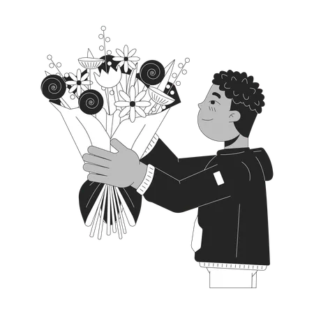 African American Boy Giving Bouquet Black And White 2 D Line Cartoon Character Black Male Child Isolated Vector Outline Person Floral Arrangement Childhood Cute Monochromatic Flat Spot Illustration Illustration