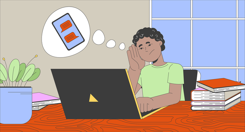 African american boy thinking about chatting at laptop  Illustration