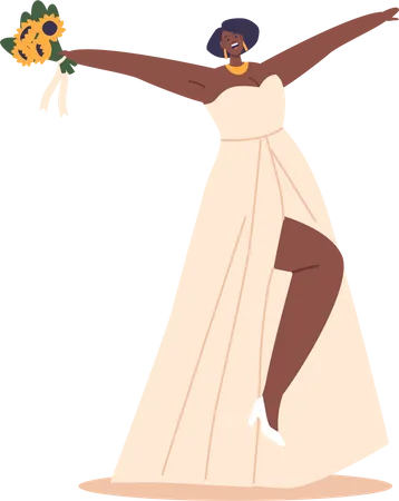 Radiant African American Bride Character Holds A Sunflower Bouquet Featuring An Array Of Flowers Adding A Touch Of Grace And Color To Her Wedding Day Ensemble Cartoon People Vector Illustration Illustration