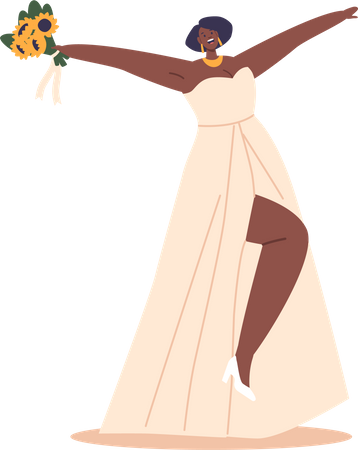 African American Bride Holds Sunflower Bouquet  Illustration