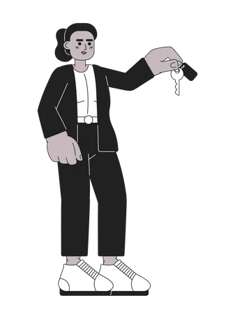 African American Business Woman Suit Giving Key Black And White 2 D Cartoon Character Black Female Professional Isolated Vector Outline Person Property Manager Monochromatic Flat Spot Illustration イラスト