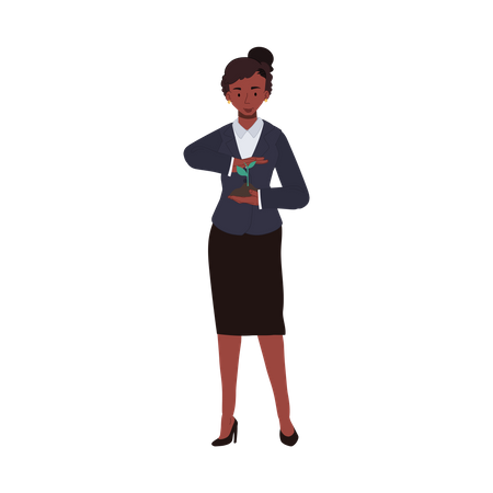 African american businesswoman holding tree sprout with soil on her hand  Illustration