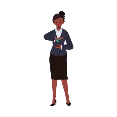 Environmental Protection Concept African American Businesswoman Is Holding A Tree Sprout With Soil On Her Hand Illustration