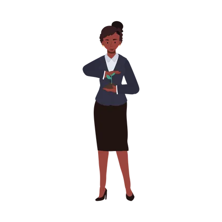 African american businesswoman holding tree sprout with soil on her hand  Illustration