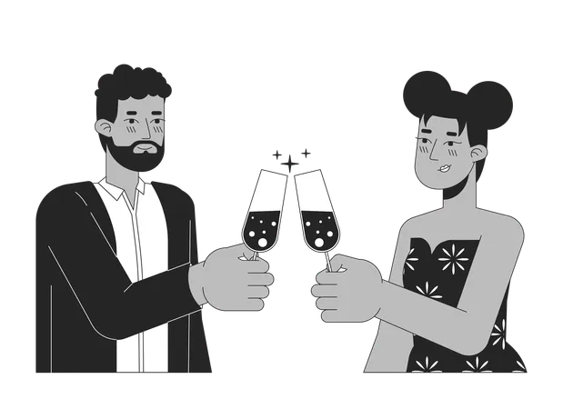 African American Couple Clinking Glasses Black And White 2 D Line Cartoon Characters Smitten Girlfriend Boyfriend Isolated Vector Outline People Congratulations Monochromatic Flat Spot Illustration Illustration