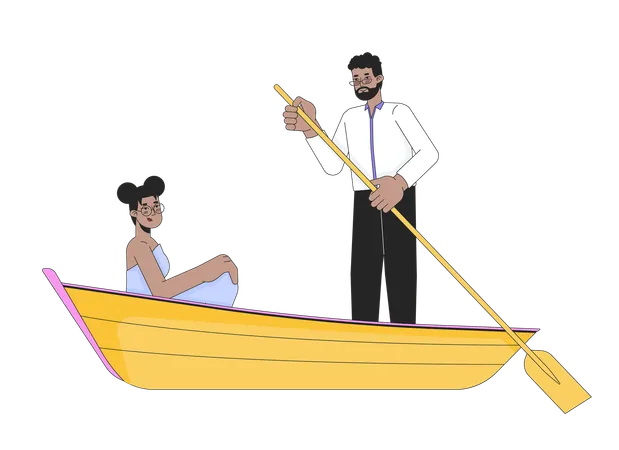 African American Heterosexual Couple On Romantic Boat Ride 2 D Linear Cartoon Characters Lovesick Sweethearts Isolated Line Vector People White Background Lake Romance Color Flat Spot Illustration Illustration