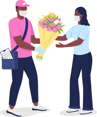 African American courier in face mask gives woman flowers  Illustration