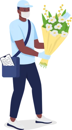 African American delivery man with flowers in face mask Illustration