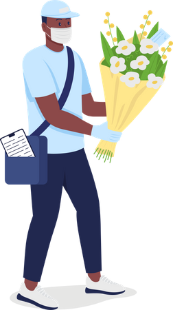 African American delivery man with flowers in face mask  Illustration