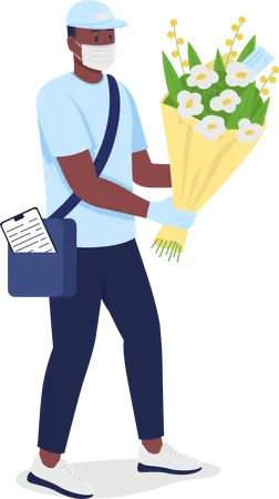 African American delivery man with flowers in face mask  Illustration