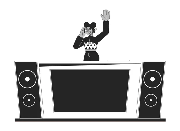 African American Dj At Console Black And White 2 D Line Cartoon Character Female Host Of Party Black Deejay Isolated Vector Outline Person Nightclub Music Set Monochromatic Flat Spot Illustration Illustration