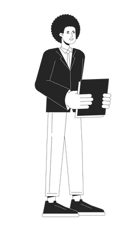African American Employee Holding Paperwork Bw Vector Spot Illustration Businessperson Standing 2 D Cartoon Flat Line Monochromatic Character For Web UI Design Editable Isolated Outline Hero Image Illustration