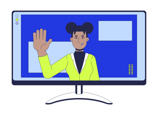 African american female employee Waving hand in online meeting  Illustration