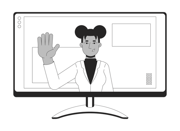 African american female employee Waving hand in online meeting  Illustration