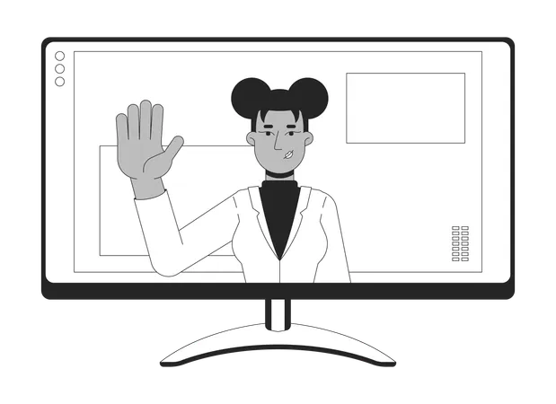 African american female employee Waving hand in online meeting  Illustration