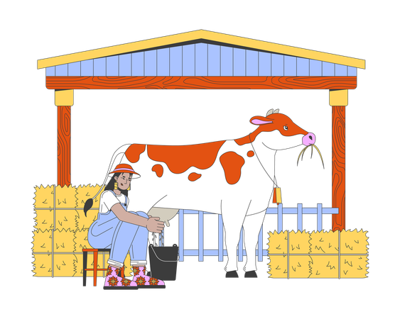 African american female farmer milking cow  Illustration